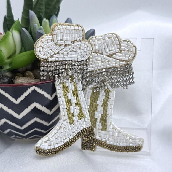 Beaded Rhinestone Cowgirl Boots and Hat Dangle Earrings - Picture 1 of 9
